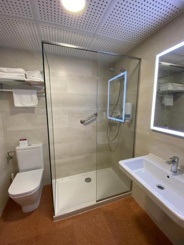 a bathroom with a toilet, sink, and shower at Hotel Nadal in Lleida