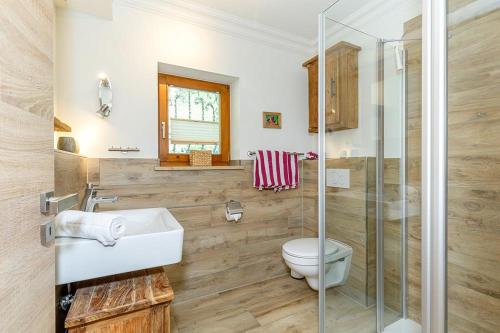 a bathroom with a toilet and a glass shower at Ferienhaus Thimlefi in Reit im Winkl