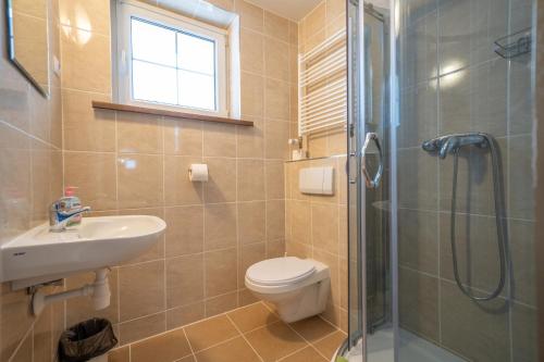 a bathroom with a toilet and a sink and a shower at Pokoje Gościnne Claudia in Szklarska Poręba