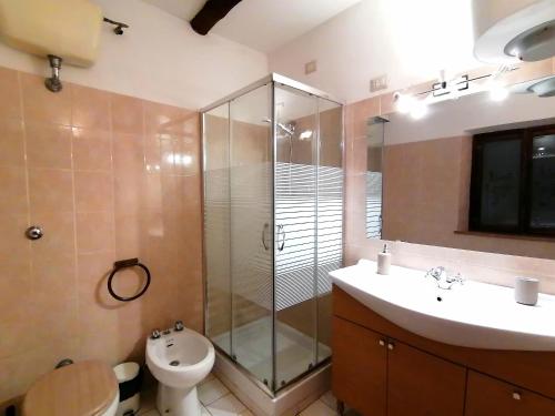 a bathroom with a shower and a toilet and a sink at calloni franceschini home in Palaia