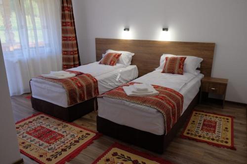 two beds in a room with two rugs at PENSIUNEA PLAI STRABUN in Strîmtura