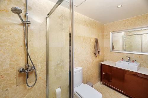 a bathroom with a shower and a toilet and a sink at Lanzahost Oceanis XXI in Arrecife