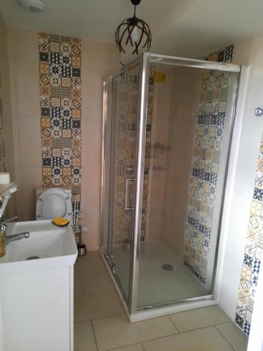 a shower with a glass door in a bathroom at La bellangerie in Joue-les-Tours