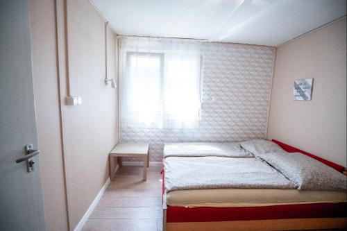 ein kleines Schlafzimmer mit einem Bett und einem Fenster in der Unterkunft Rózsa Villa Vadkerti tó in Soltvadkert