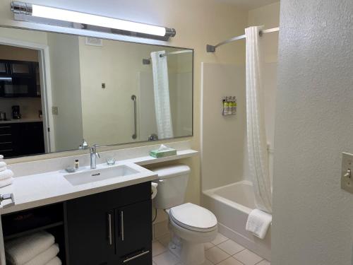 La salle de bains est pourvue d'un lavabo, de toilettes et d'un miroir. dans l'établissement Candlewood Suites East Lansing, an IHG Hotel, à Lansing