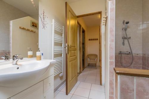 une salle de bain avec un lavabo et une douche dans l'établissement Les Pervenches, à Saint-Martin-de-la-Mer