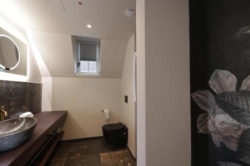a bathroom with a sink and a counter with a mirror at REINHARDTs HOTEL in Buchen
