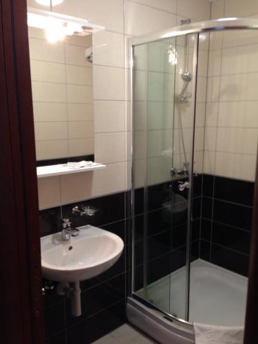 a bathroom with a sink and a shower at Hotel International in Međugorje