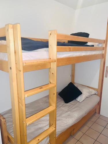 quelques lits superposés dans une chambre dans l'établissement Studio Montagne pieds des pistes et départ de randonnée Été comme Hivers, à Morzine