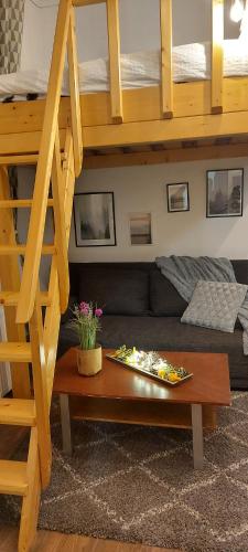 a living room with a couch and a coffee table at Garden in Satu Mare