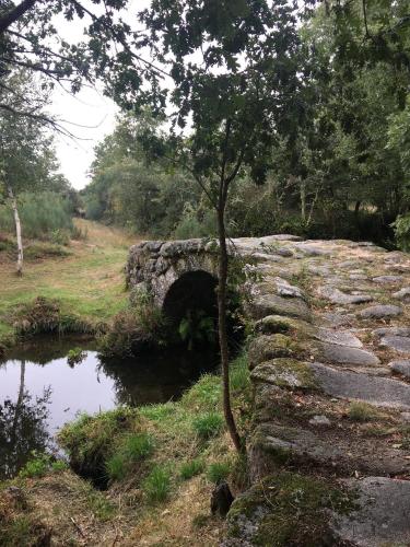 a stone bridge over a pond in a field at Hotel AV Apartamentos Lobios in Lobios