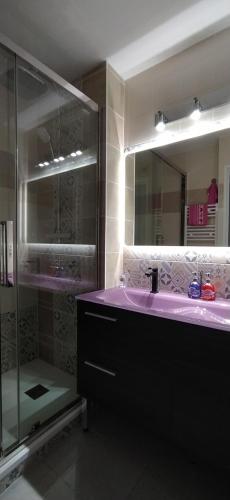 y baño con lavabo púrpura y ducha. en Location d Armelle - Moliets, en Moliets-et-Maa