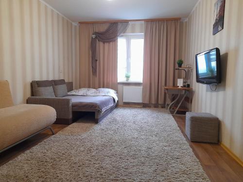 uma sala de estar com uma cama e uma televisão em UpTown-Квартира em Vyshhorod
