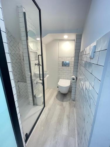 W łazience znajduje się toaleta i przeszklony prysznic. w obiekcie Pequeña suite independiente al lado Burgas w mieście Ourense