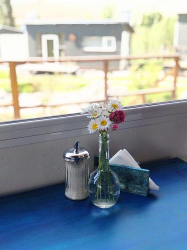a vase filled with flowers sitting next to a window at CASA FARO ARTE in Potrerillos