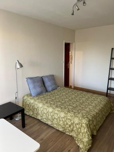 a bedroom with a bed with blue pillows and a ladder at Cosylocation Jean Bart 59 in Rennes
