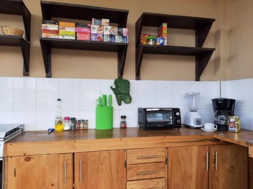a kitchen with a counter top with a microwave at Millennium Apartment in San Pedro La Laguna