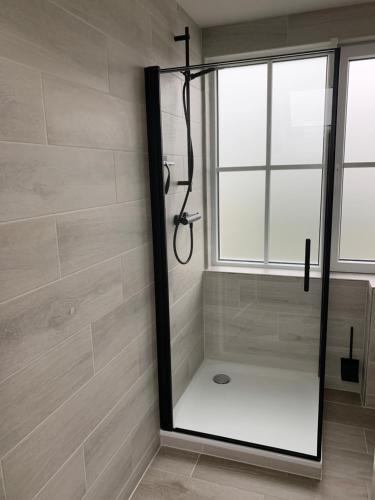 a shower with a glass door in a bathroom at Dijkhofje, dichtbij strand, zee en meer. in Vrouwenpolder