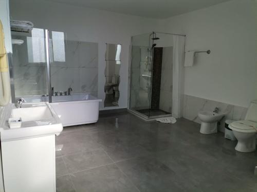 a bathroom with a tub and a sink and a toilet at Motel Davios in Târgu Jiu