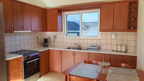 een keuken met houten kasten, een wastafel en een raam bij Elegant apartment with mountain view in Stavrákion