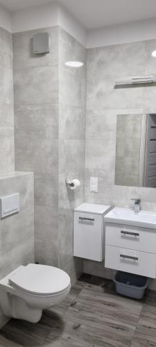 a bathroom with a toilet and a sink and a mirror at Apartament UniBal Szczecinek in Szczecinek