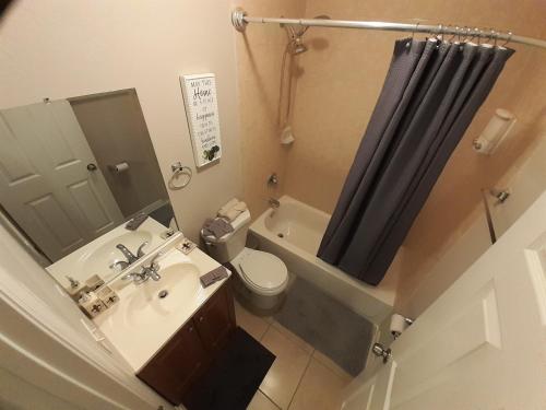 La salle de bains est pourvue d'un lavabo, de toilettes et d'une douche. dans l'établissement LUXURIOUS COZY STUDIO., à Tampa