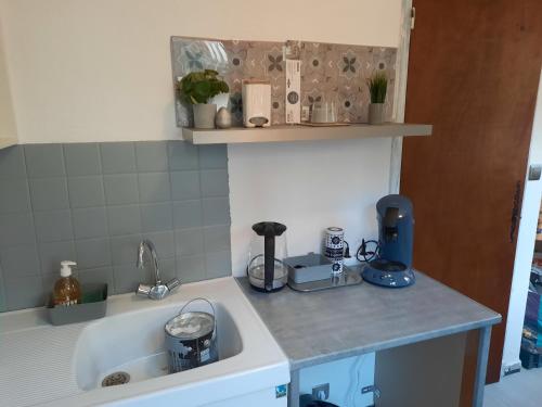 une cuisine avec un évier et un plan de travail dans l'établissement Studio rénové au cœur du village, à Saint-Martin-Vésubie