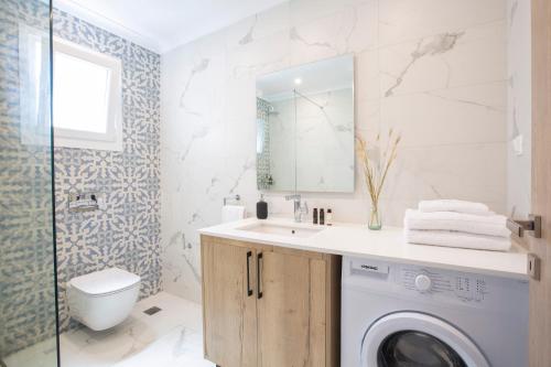 a bathroom with a washing machine and a sink at Grappolo Lefkada Villas - Athiri, 5 min from wonderful Ai Giannis beach & Lefkada town in Apolpaina