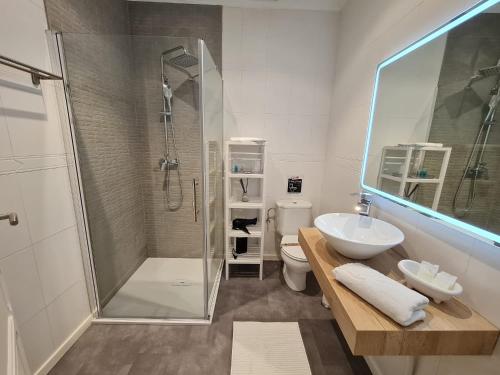 a bathroom with a shower and a sink and a toilet at Alojamientos Segóbriga Rural (Montaña) in Segorbe