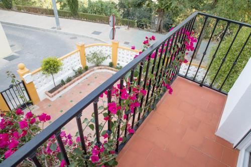 a balcony with pink flowers and a fence at Elmiradordelasmurallas in Baeza