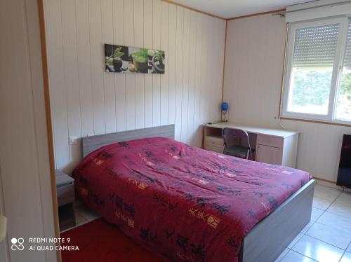 een slaapkamer met een bed, een bureau en een raam bij Chambre privée dans maison au pied de la montagne noire, 5km de Mazamet in Saint-Amans-Valtoret