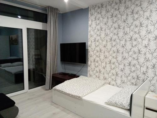 salon z łóżkiem i telewizorem w obiekcie Róża- Lotnisko we Wrocławiu