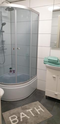 een badkamer met een douche en een woordbad op de vloer bij Studio 5 in Dalen