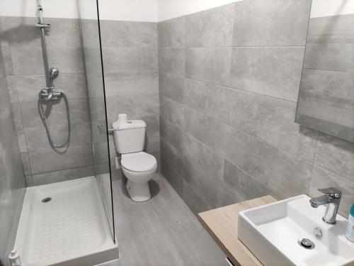 ein Bad mit einer Dusche, einem WC und einem Waschbecken in der Unterkunft Memoria 49 - 21 in Lissabon