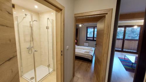 a bathroom with a walk in shower and a bedroom at Apartament Widokowy 40 in Kościelisko