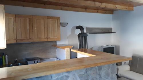 a kitchen with wooden cabinets and a counter top at Katun Mokra in Podgorica