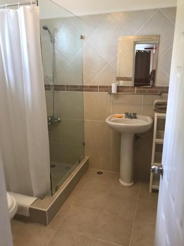 y baño con ducha y lavamanos. en Punta Cana Apartment and scooter for free, en Punta Cana