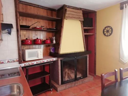 a kitchen with a fireplace and a microwave at Fuente Del Gamellon in Buenache de la Sierra