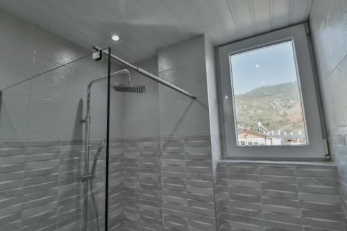 a bathroom with a shower with a window at Villa TEMA in Ohrid