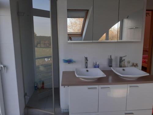 bagno con 2 lavandini e specchio di Gîte de Bronromme - villa 5 chambres proche de Spa et Francorchamps a Theux