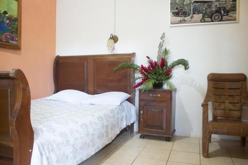 a bedroom with a bed and a plant on a dresser at Hotel Rabin Itzam in Lanquín