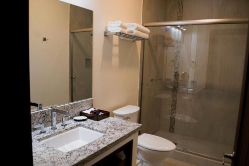 une salle de bain avec une douche, un lavabo et des toilettes dans l'établissement Hacienda Guadalupe Hotel, à Valle de Guadalupe