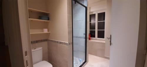 een badkamer met een toilet en een glazen douche bij 14 maison 6 pers Les Gîtes Bigoudens in Plonéour-Lanvern
