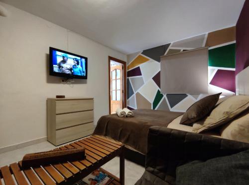1 dormitorio con 1 cama y TV en la pared en El Rincón del Senderista en Santa Cruz de Tenerife