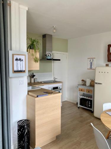 Il comprend une cuisine équipée d'un comptoir en bois et d'un réfrigérateur. dans l'établissement Cocon d'Emeraude Saint-Malo, à Saint-Malo