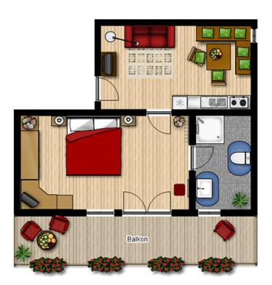 a floor plan of a small house with red at Sportpension Bergblick in Wagrain