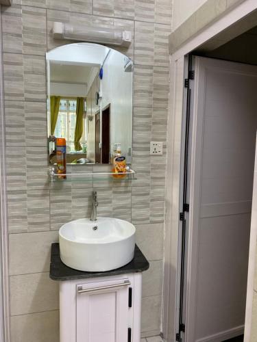ポートルイスにあるChamps De Mars Apartmentの洗面台と鏡のあるバスルーム