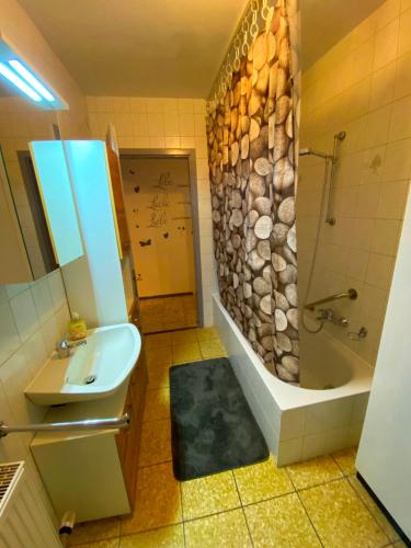 a bathroom with a shower and a sink and a tub at Ferienwohnung Zusmarshausen in Zusmarshausen