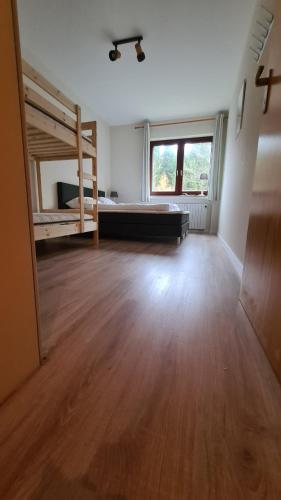 ヴィンターベルクにあるWinterberg Sport Apartment 8のベッド1台と二段ベッド1組が備わる広い客室です。