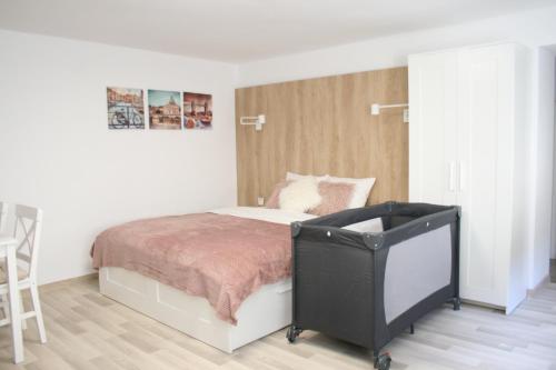 a bedroom with a bed and a tv in it at Apartment BIANCA in Braşov